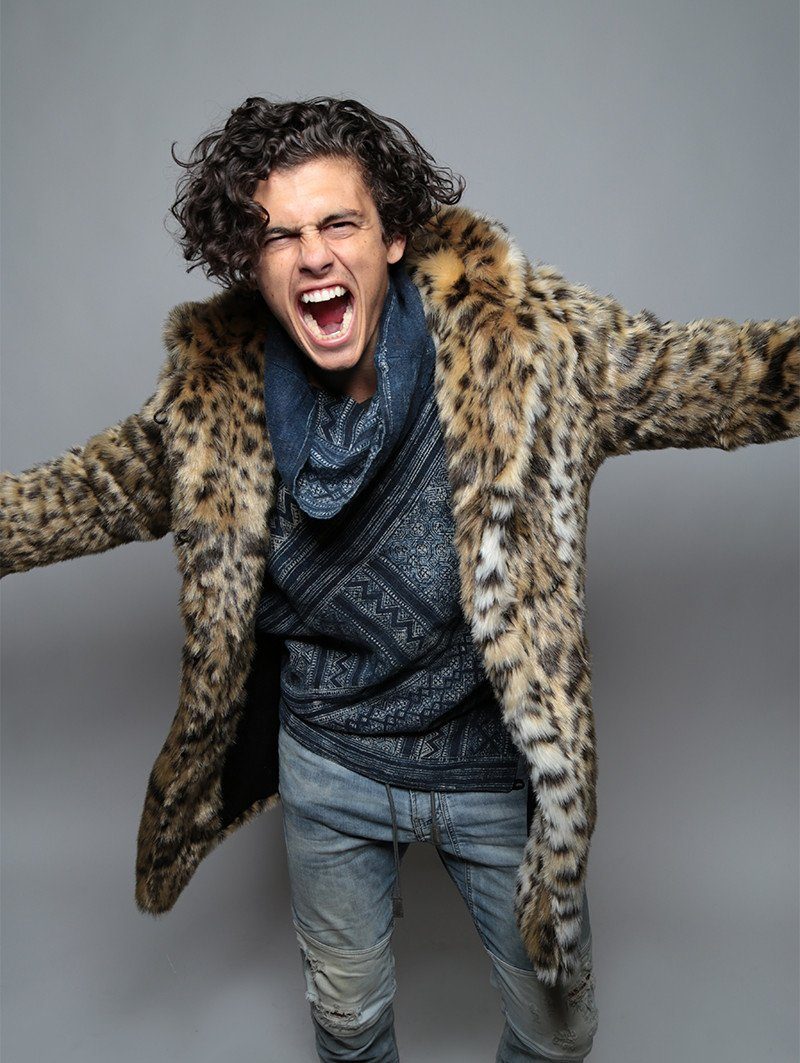 Man wearing Cheetah Faux Fur Coat, front view 2