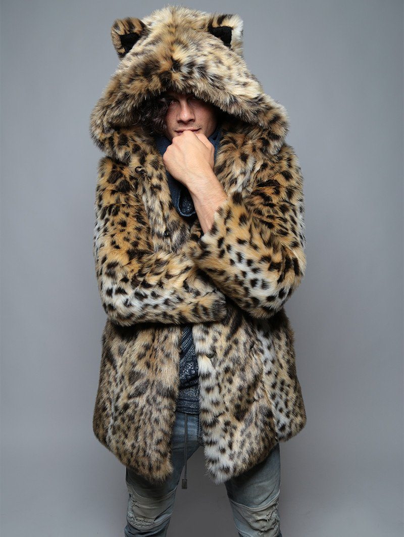 Man wearing Cheetah Faux Fur Coat, front view 3