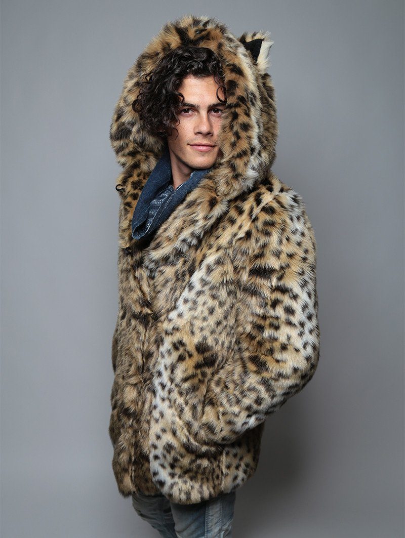 Man wearing Cheetah Faux Fur Coat, side view 1