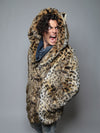 Man wearing Cheetah Faux Fur Coat, side view 2