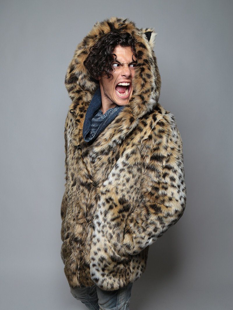 Man wearing Cheetah Faux Fur Coat, side view 2
