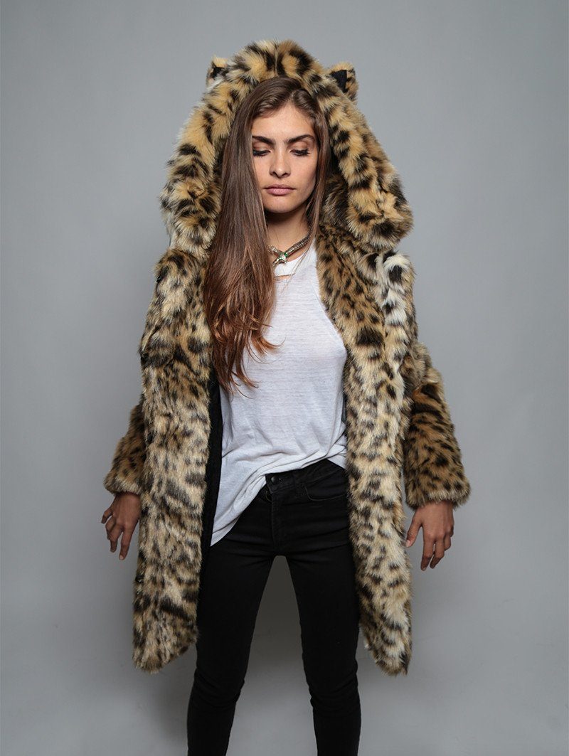 Woman wearing Cheetah Faux Fur Coat, front view 3