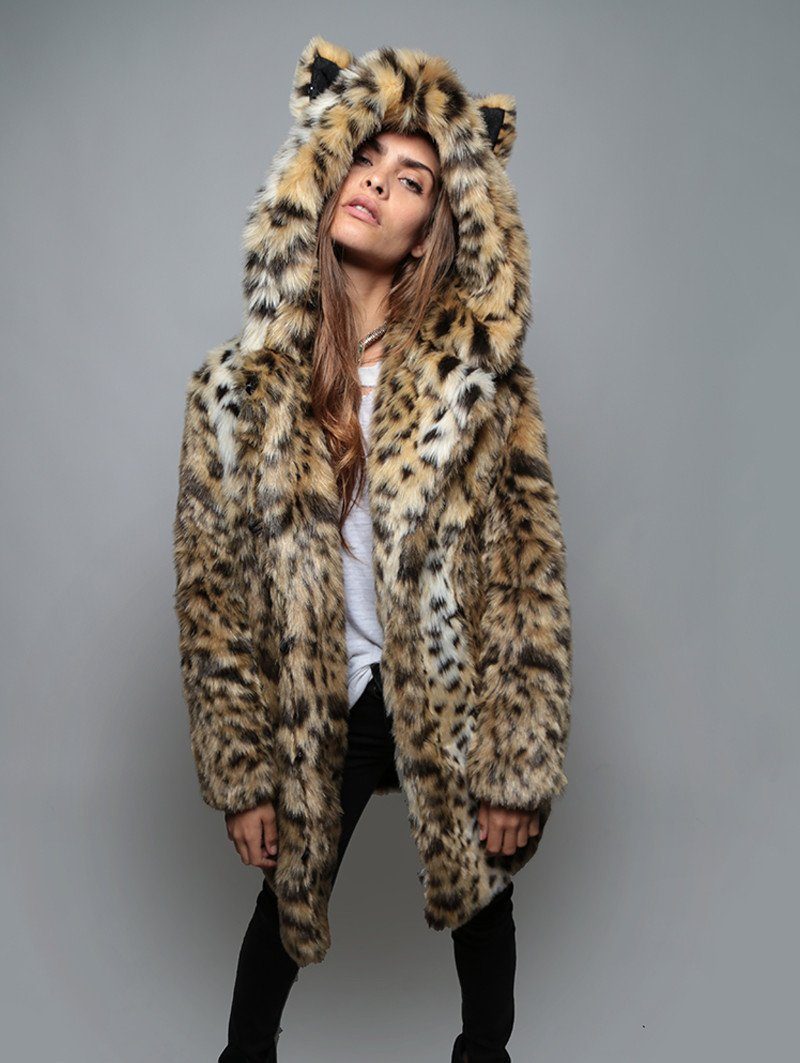 Woman wearing Cheetah Faux Fur Coat, front view
