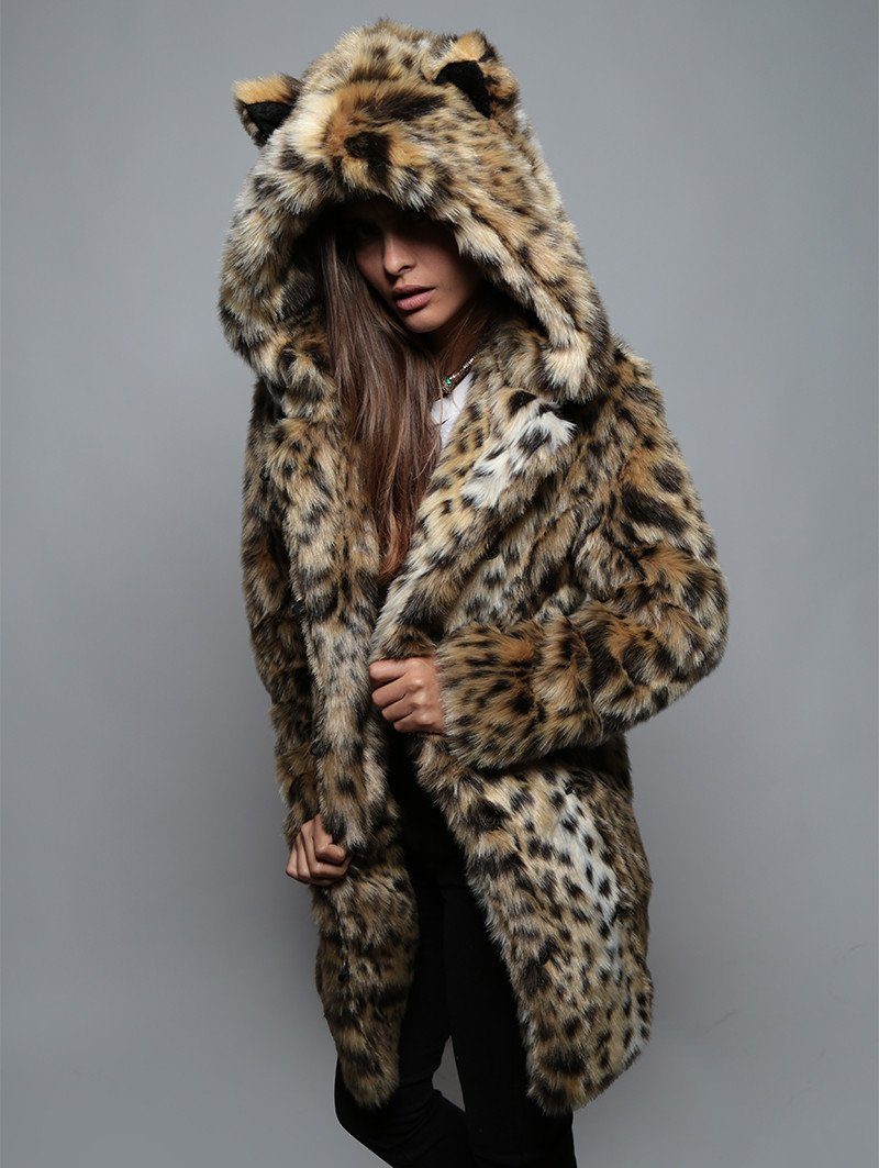 Woman wearing Cheetah Faux Fur Coat, side view