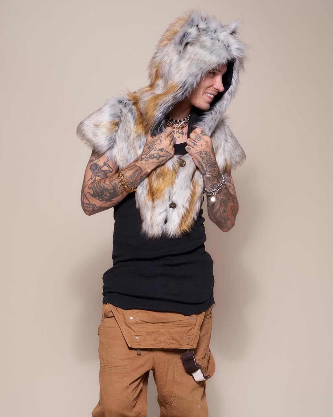 Man wearing Arctic Fox Collector Edition Faux Fur Shawl, front view 6
