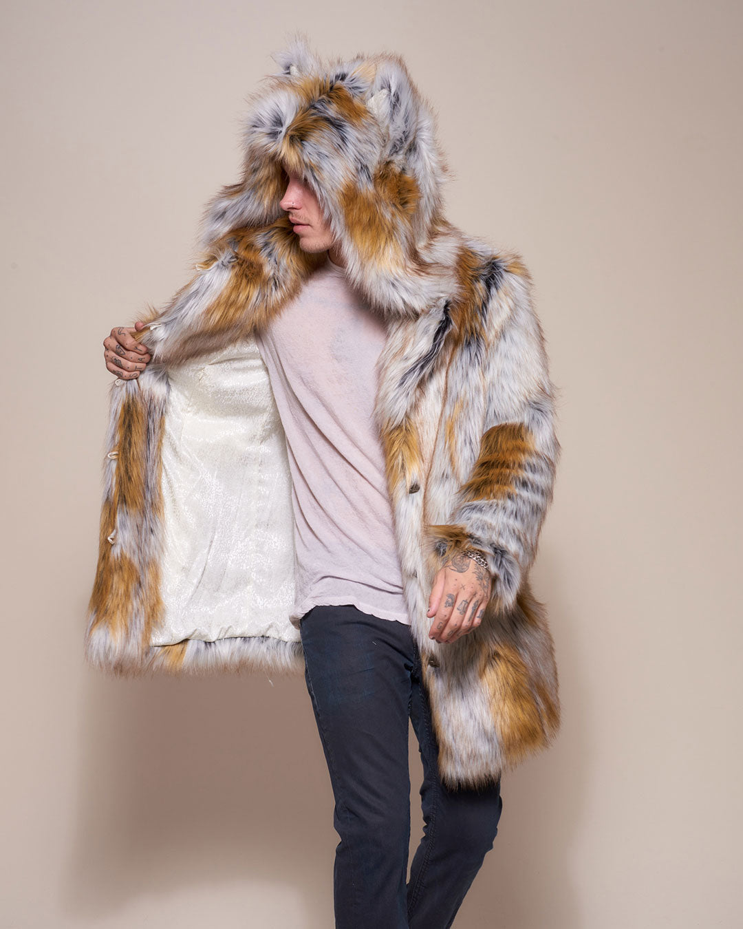 Man wearing Arctic Fox Classic Faux Fur Coat, front view 2