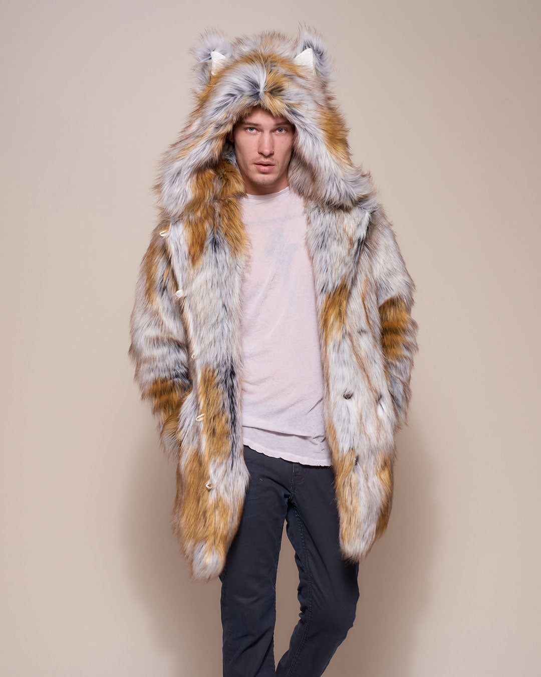 Man wearing Arctic Fox Classic Faux Fur Coat, front view 1