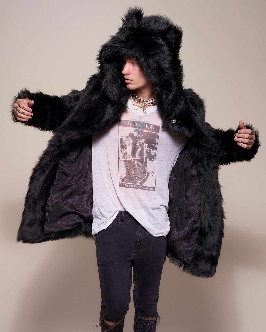 Man wearing Black Wolf Classic Faux Fur Coat, front view 1
