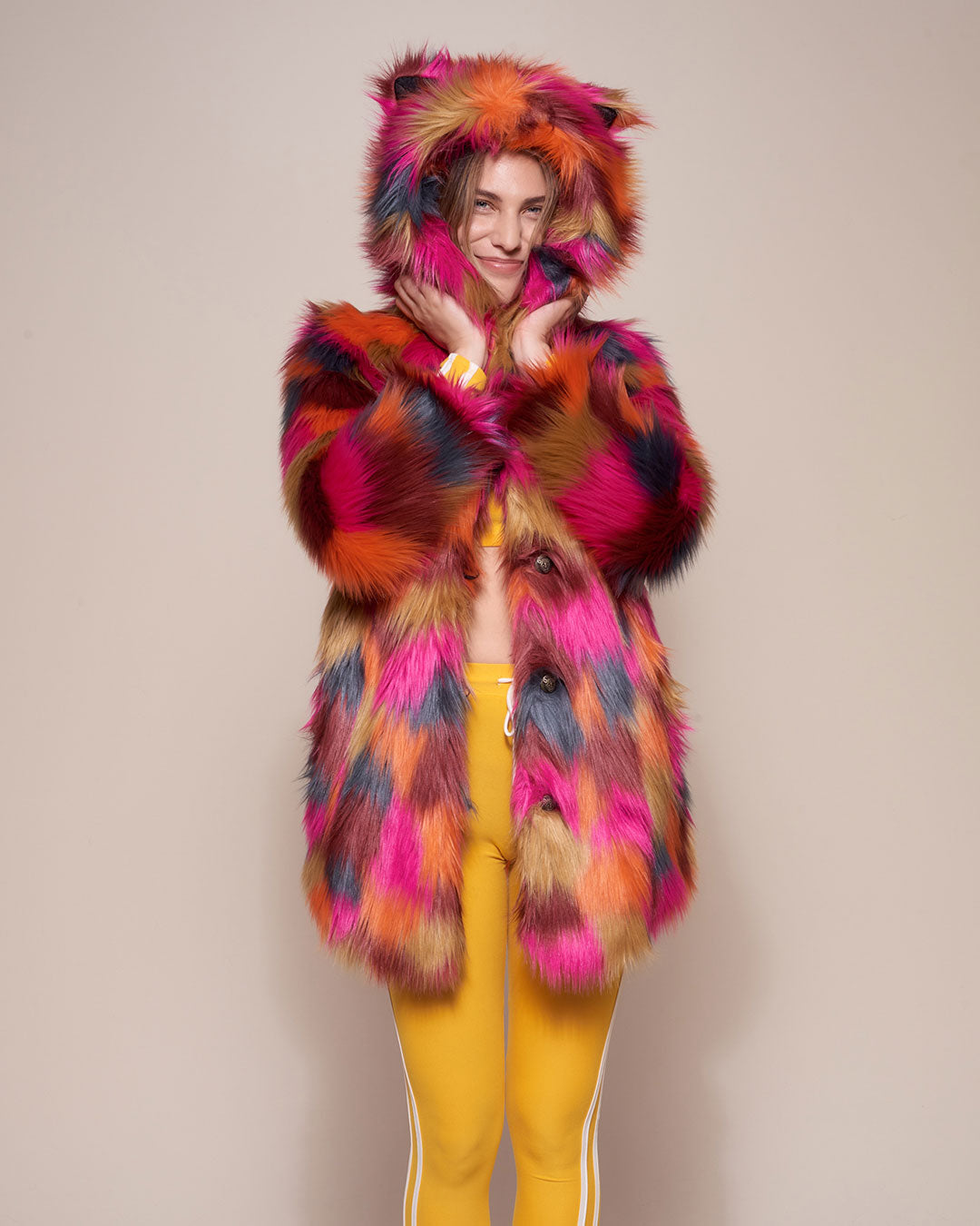 Woman wearing Classic Calico Leopard Faux Fur Coat, front view 2