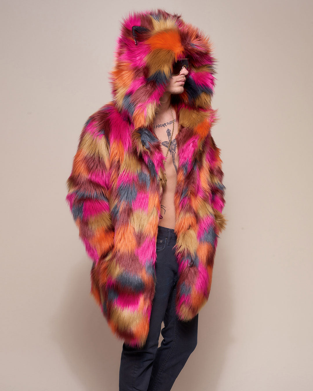 Man wearing Calico Leopard Classic Faux Fur Coat, side view
