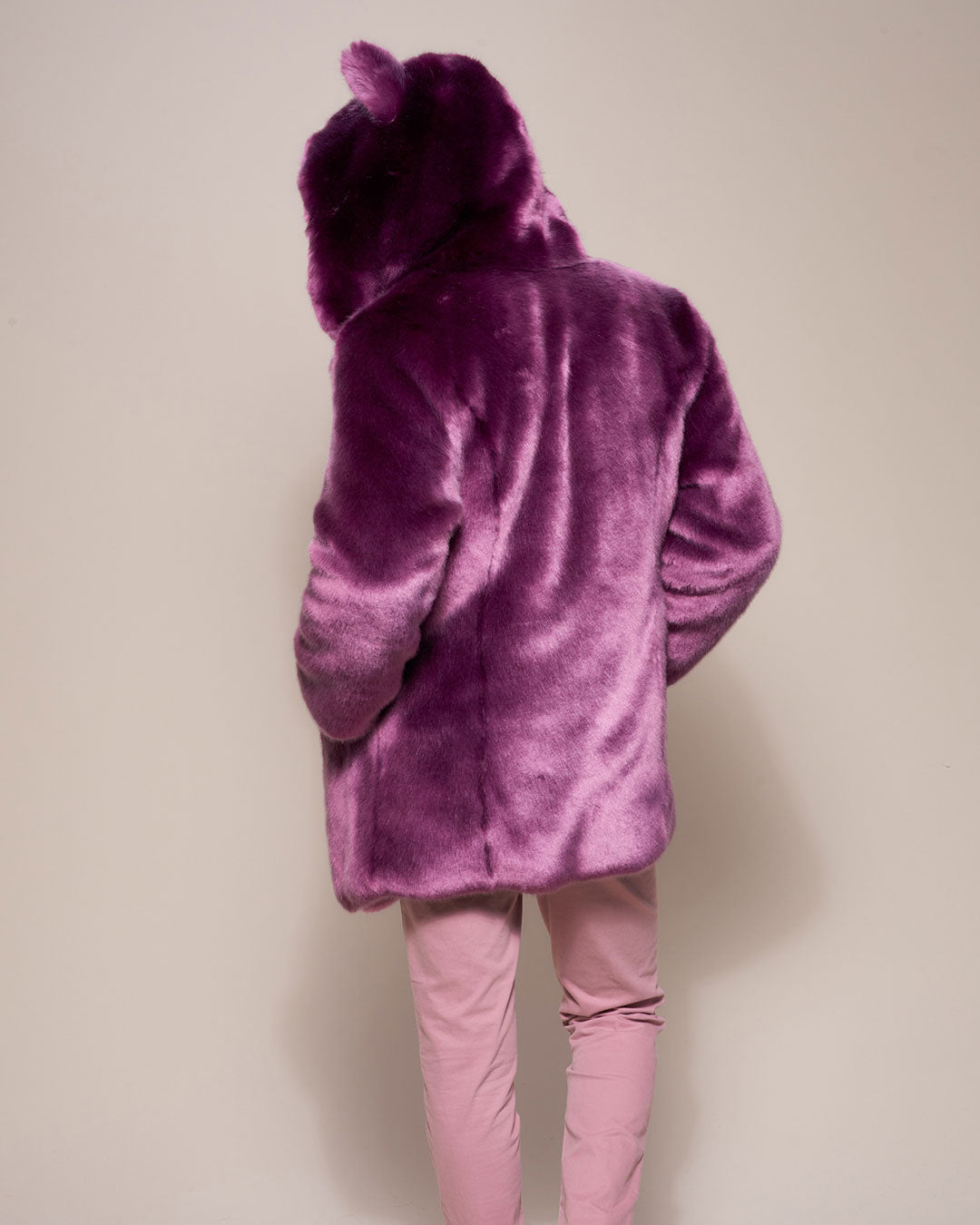 Man wearing Lavender Wolf Luxe Classic Faux Fur Coat, back view 1