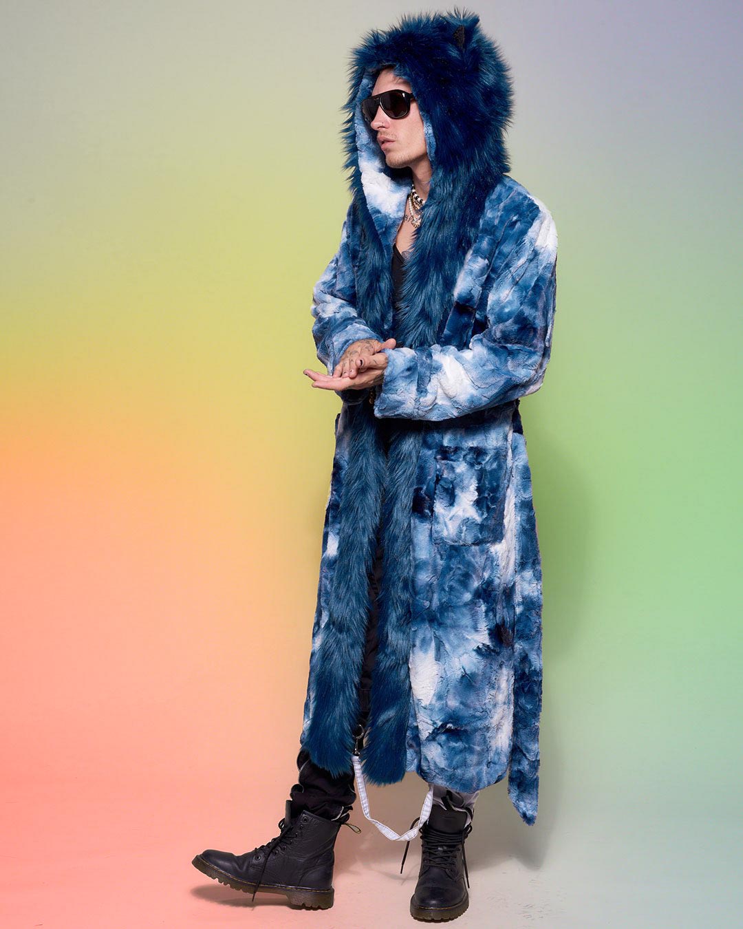 Male Model in Sunglasses Wearing Water Wolf Classic Faux Fur Style Robe with Muted Rainbow Background