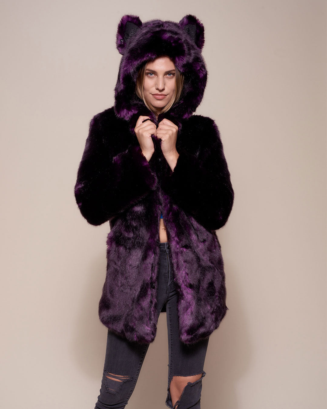 Luxe Classic Faux Fur Coat with Hood in Midnight Wolf Design
