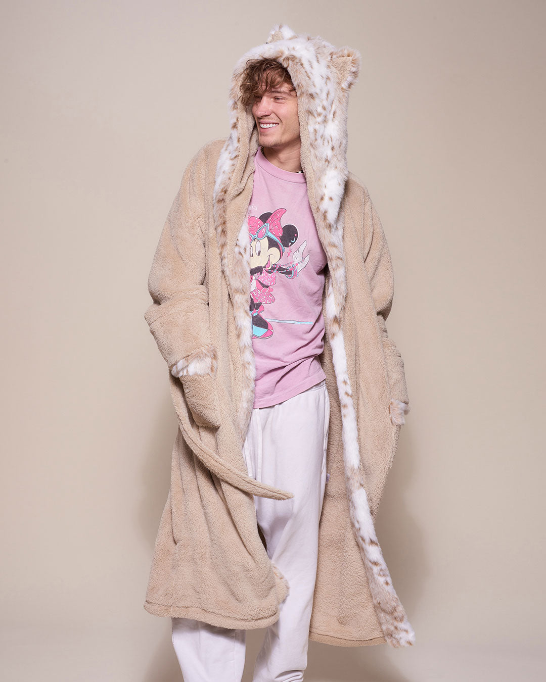 Man wearing Snow Leopard Classic Faux Fur Robe, front view 1