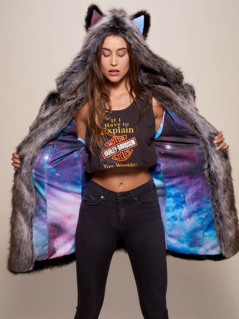 Woman wearing Classic Grey Wolf Galaxy Collector Faux Fur Coat