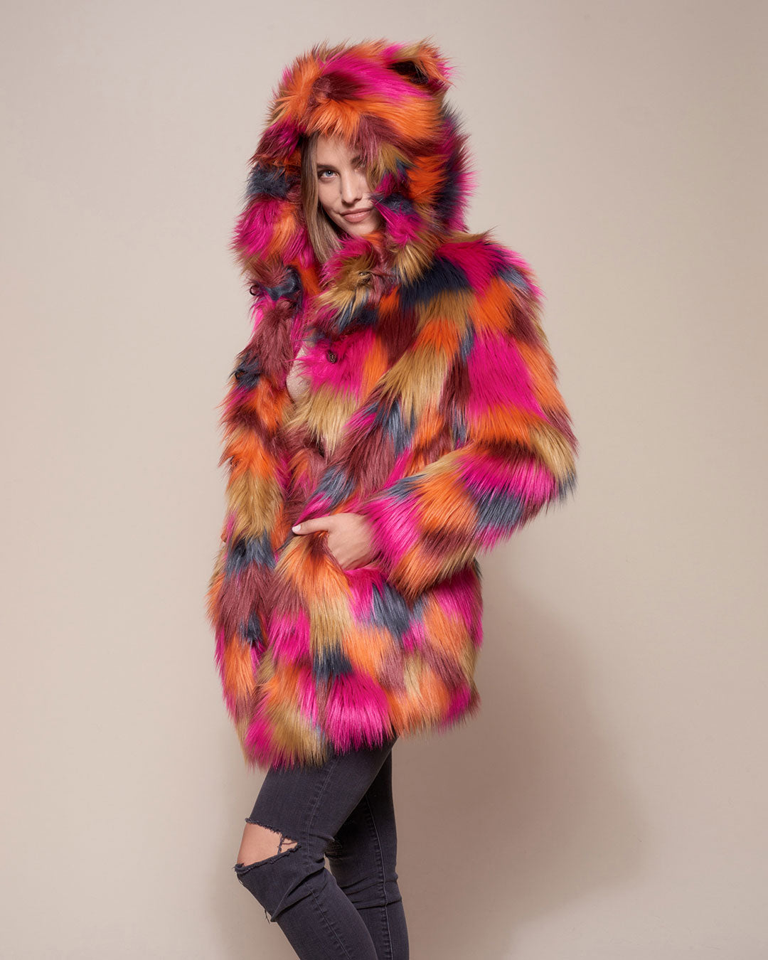 Woman wearing Classic Calico Leopard Faux Fur Coat, side view 2