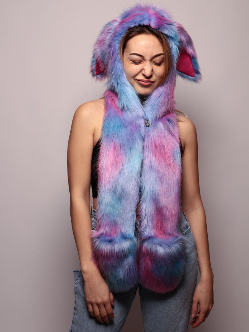 Woman wearing faux fur Cotton Candy Bunny CE SpiritHood, front view 3
