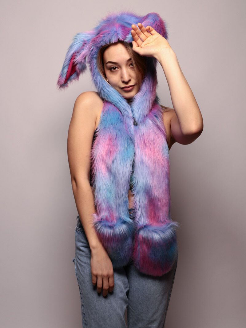 Woman wearing faux fur Cotton Candy Bunny CE SpiritHood, front view 4