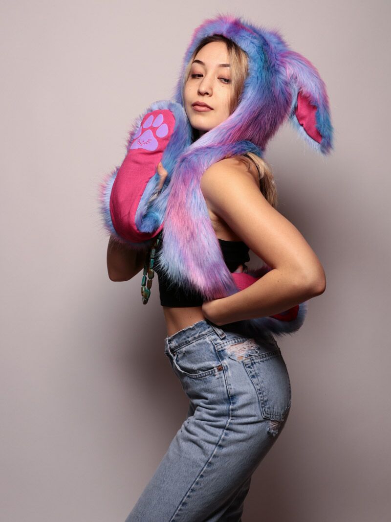 Woman wearing faux fur Cotton Candy Bunny CE SpiritHood
