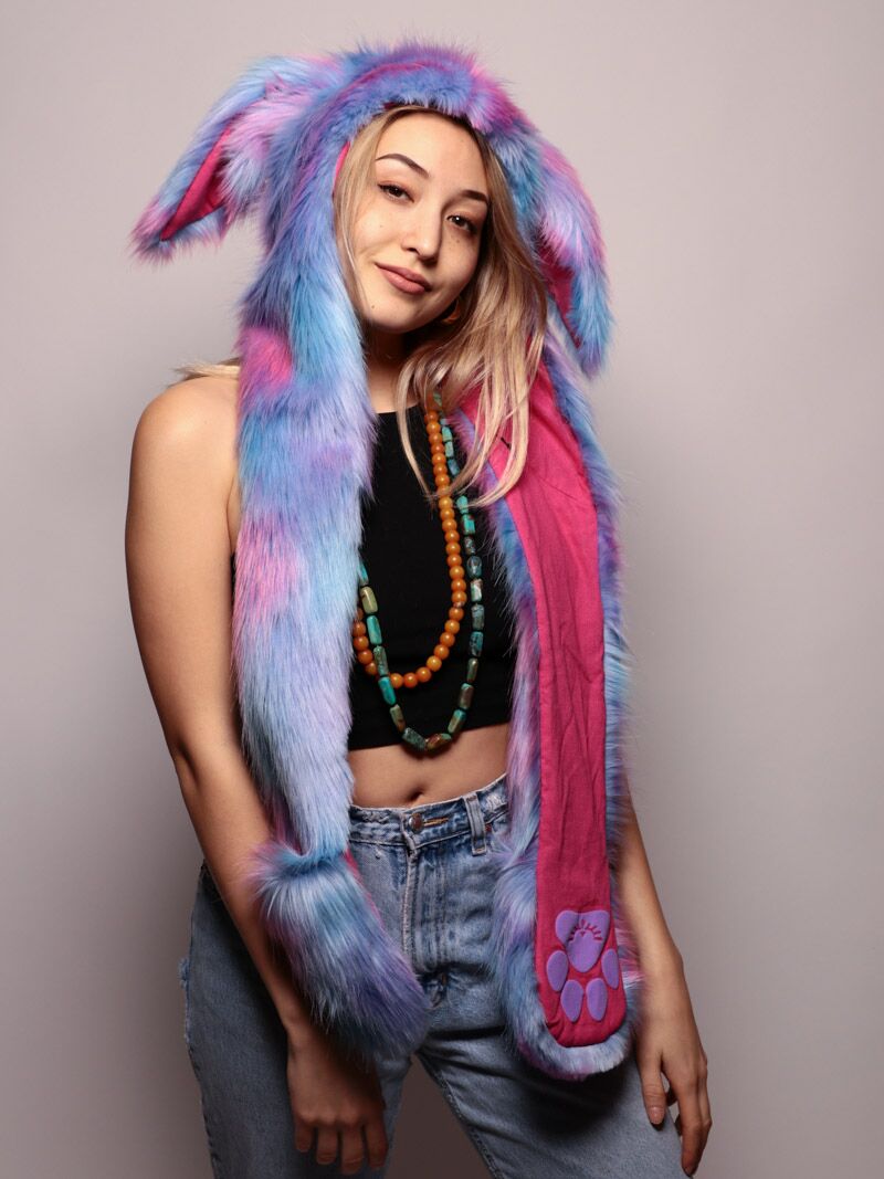 Woman wearing faux fur Cotton Candy Bunny CE SpiritHood, front view 1