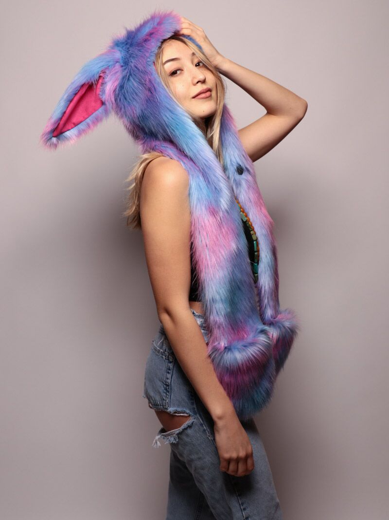Woman wearing faux fur Cotton Candy Bunny CE SpiritHood, side view
