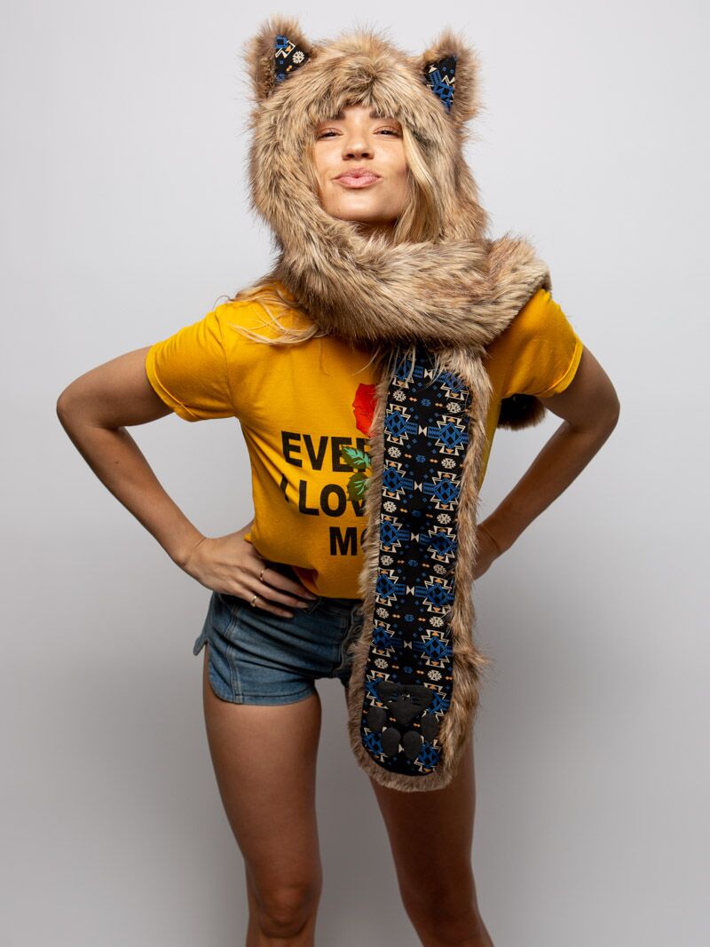 Woman wearing faux fur Collector Edition Coyote SpiritHood, front view