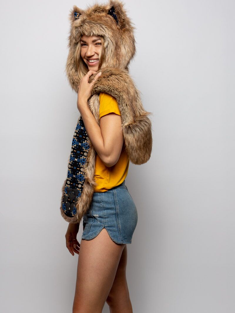 Woman wearing faux fur Collector Edition Coyote SpiritHood, side view 1