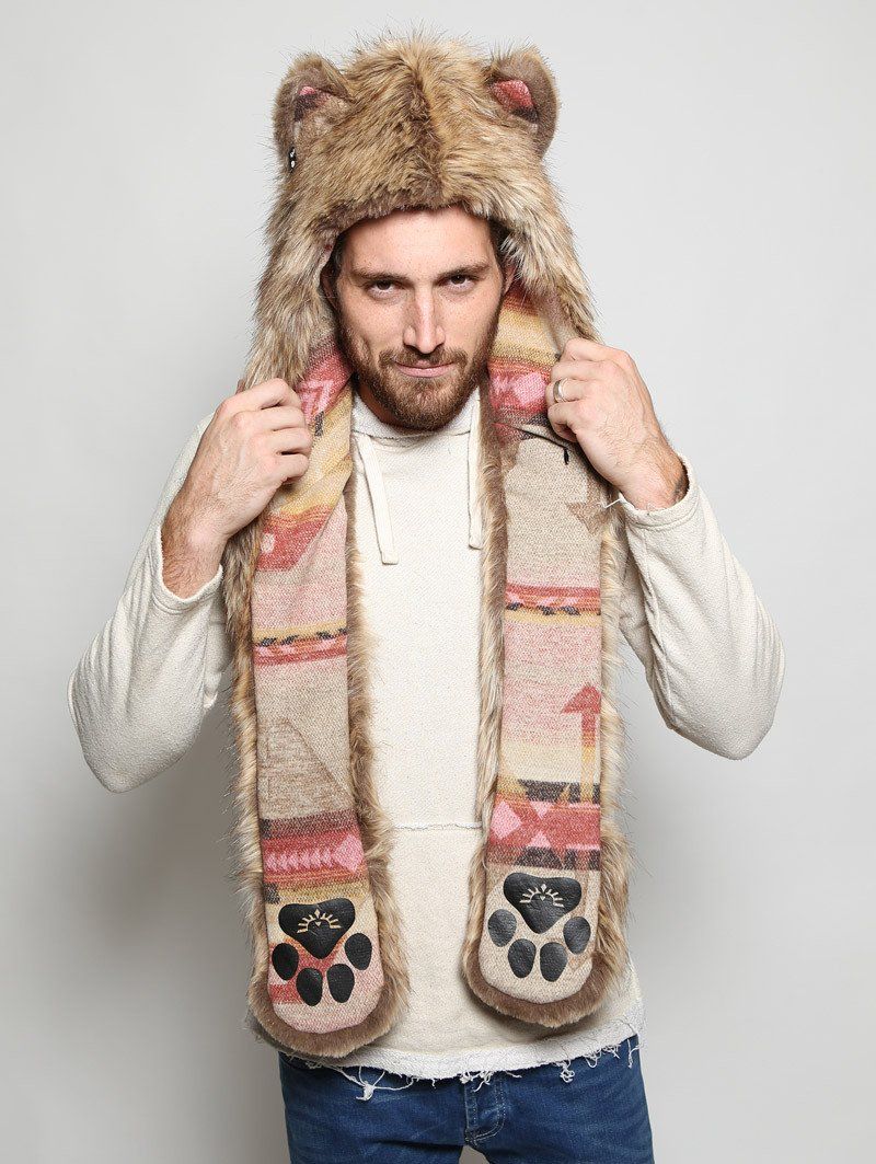 Man wearing faux fur Coyote Italy SpiritHood, front view 1