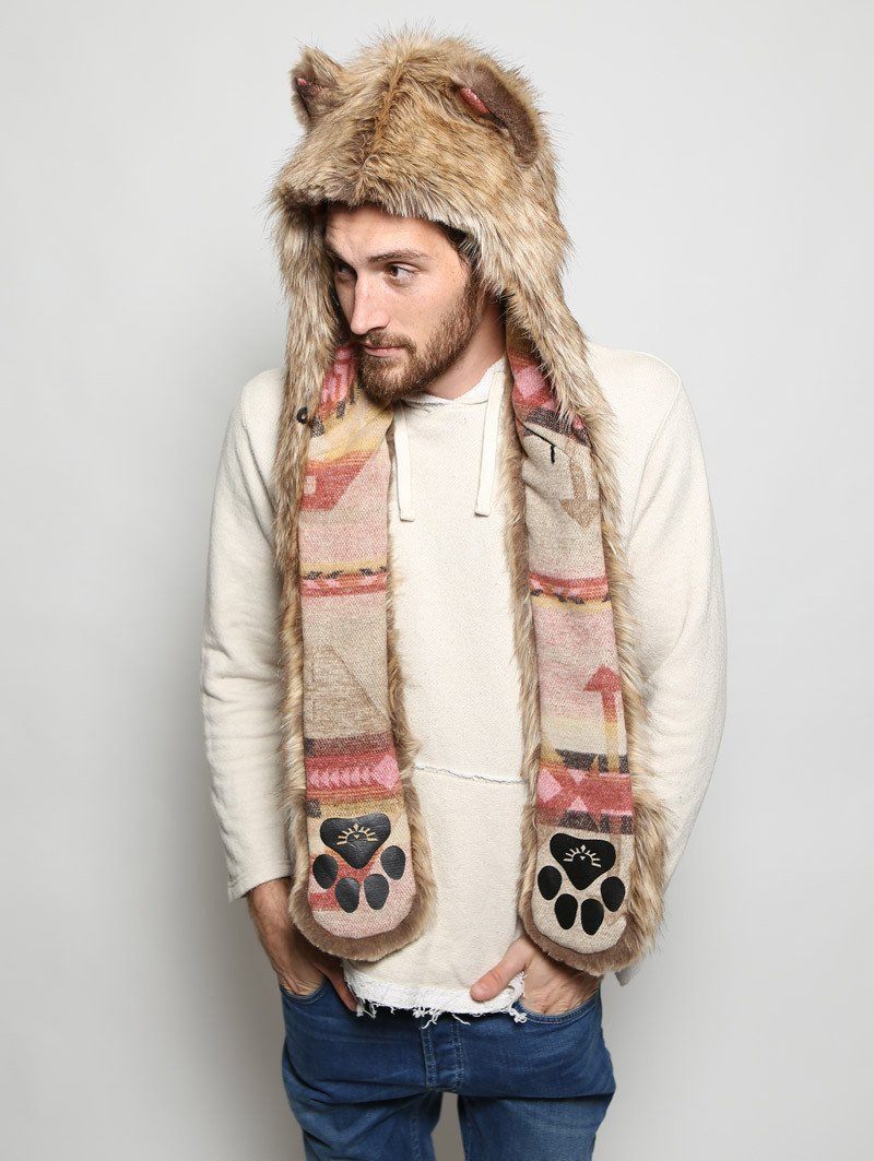 Man wearing faux fur Coyote Italy SpiritHood, front view 5