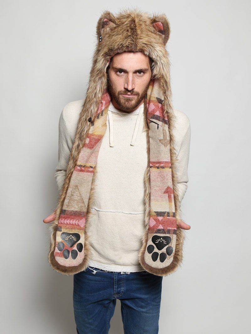 Man wearing faux fur Coyote Italy SpiritHood, front view 3