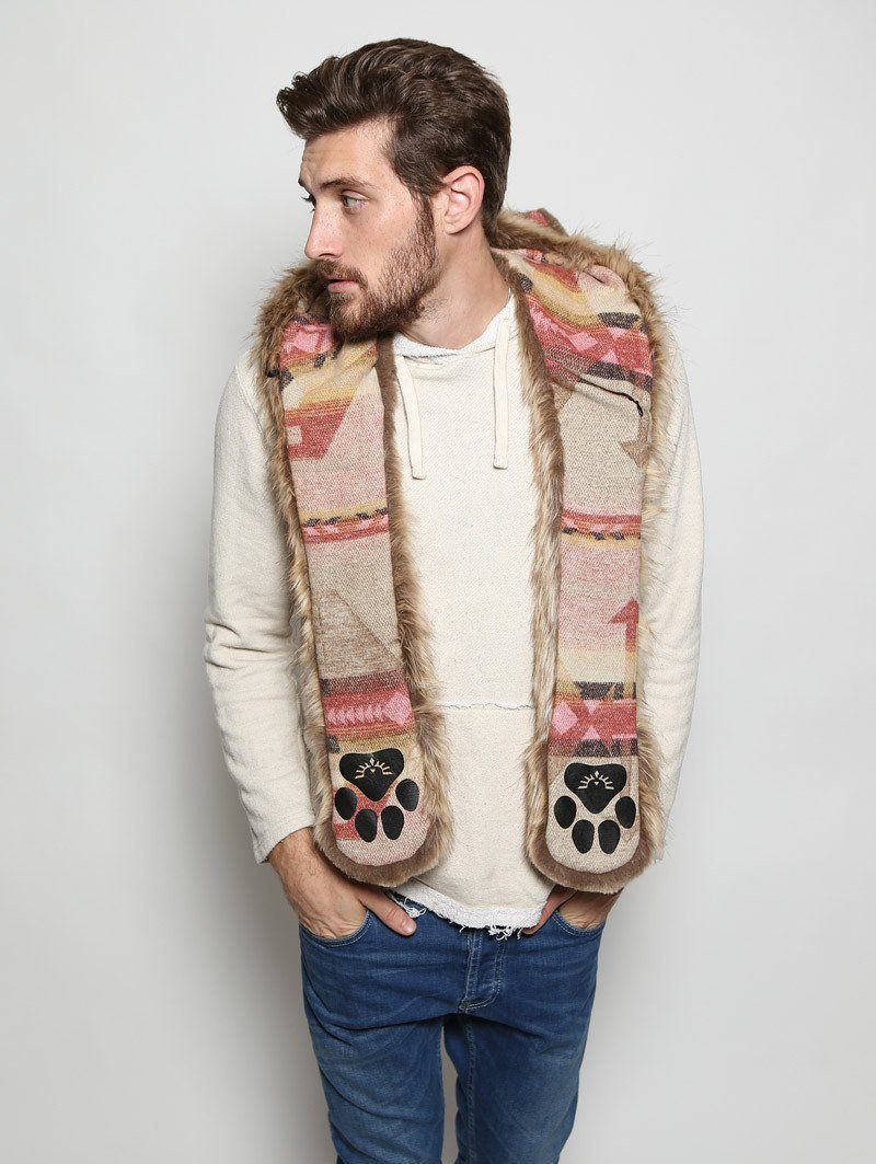 Man wearing faux fur Coyote Italy SpiritHood, front view 2