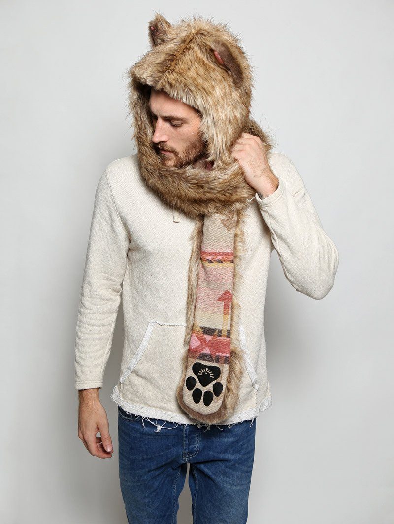 Man wearing faux fur Coyote Italy SpiritHood, side view 1