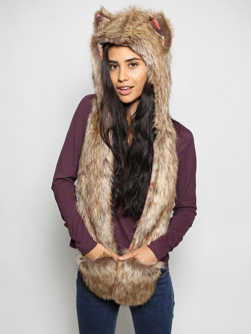 Woman wearing Coyote Italy Faux Fur SpiritHood, front view 1