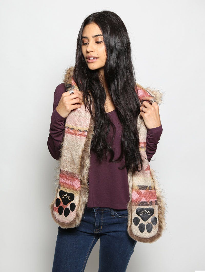 Woman wearing Coyote Italy Faux Fur SpiritHood, front view 3