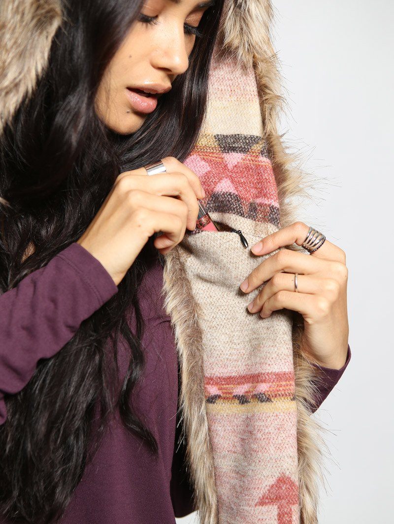 Woman wearing Coyote Italy Faux Fur SpiritHood, front view 4