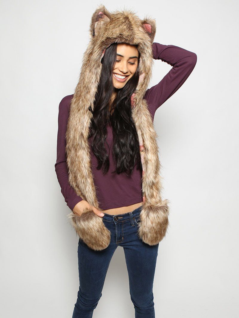 Woman wearing Coyote Italy Faux Fur SpiritHood, side view