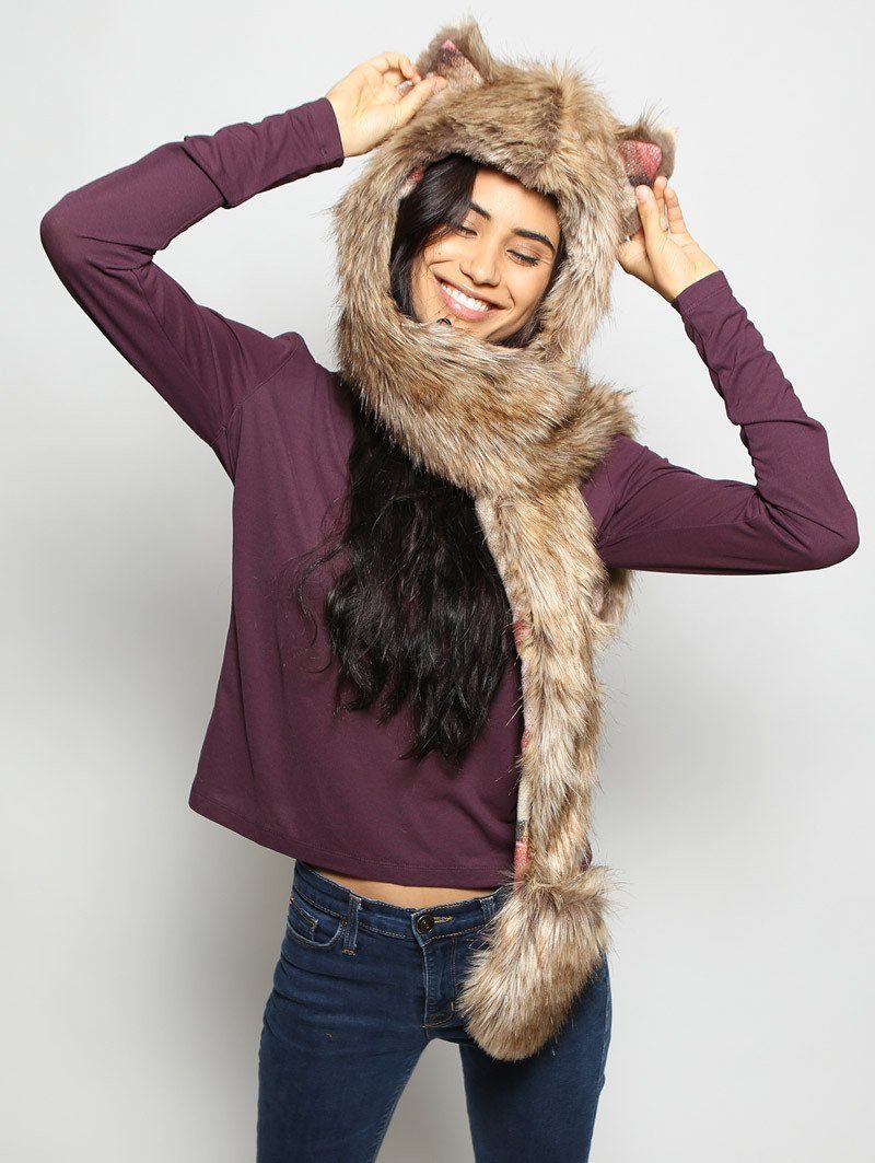 Woman wearing Coyote Italy Faux Fur *Unisex* SpiritHood, front view