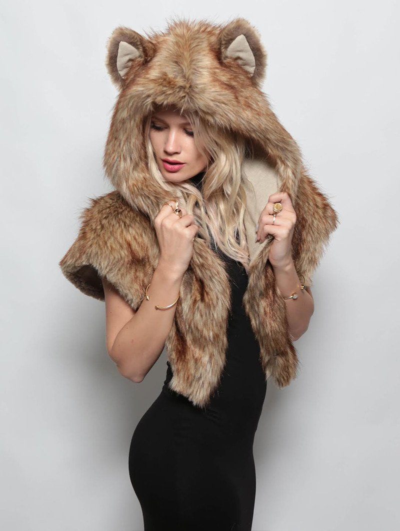 Woman wearing Faux Fur Coyote Shawl, side view