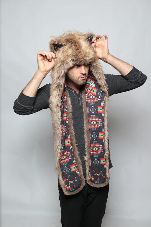 Man wearing faux fur Coyote Tuscan Collectors Edition SpiritHood