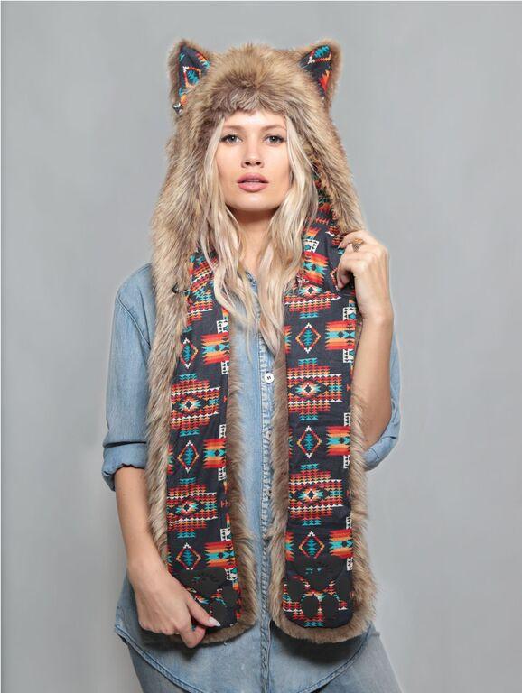 Woman wearing Coyote Tuscan Collectors Edition Faux Fur SpiritHood