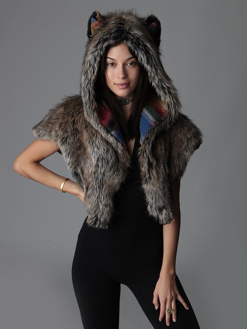 Woman wearing Direwolf Italy Shawl Faux Fur SpiritHood, front view 3