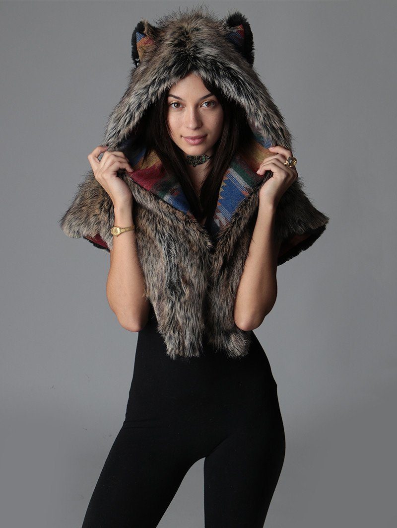 Woman wearing Direwolf Italy Shawl Faux Fur SpiritHood, front view 1