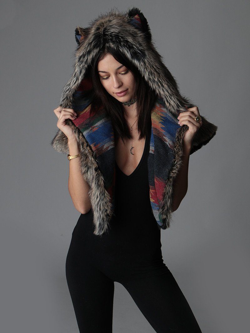 Woman wearing Direwolf Italy Shawl Faux Fur SpiritHood