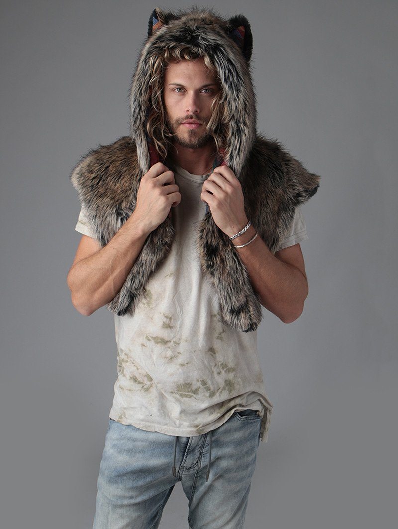 Man wearing faux fur Direwolf Italy Shawl, front view 3