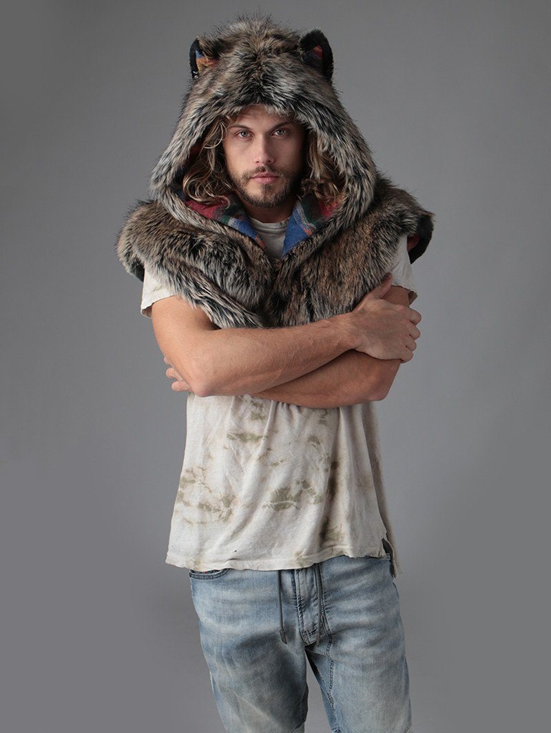 Man wearing faux fur Direwolf Italy Shawl, front view 5