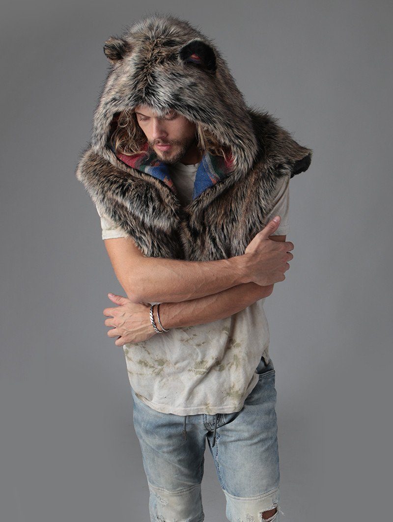 Man wearing faux fur Direwolf Italy Shawl, front view 4