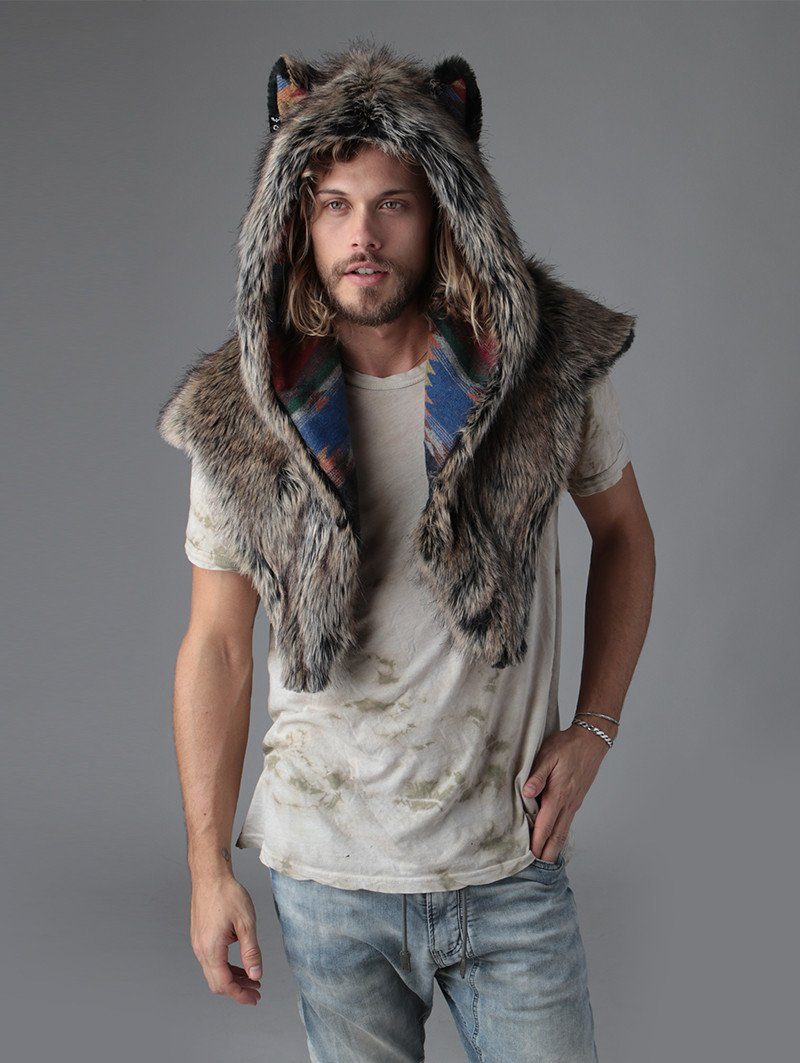 Man wearing faux fur Direwolf Italy Shawl, front view 1