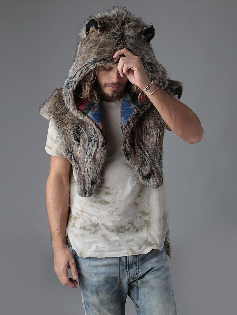 Man wearing faux fur Direwolf Italy Shawl, front view 6