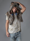Man wearing faux fur Direwolf Italy Shawl, front view 2