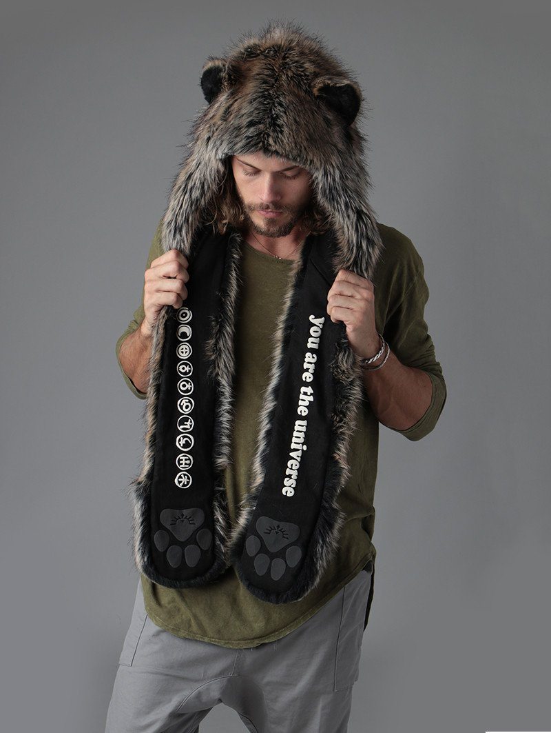 Man wearing faux fur Direwolf Universe SpiritHood, front view 1
